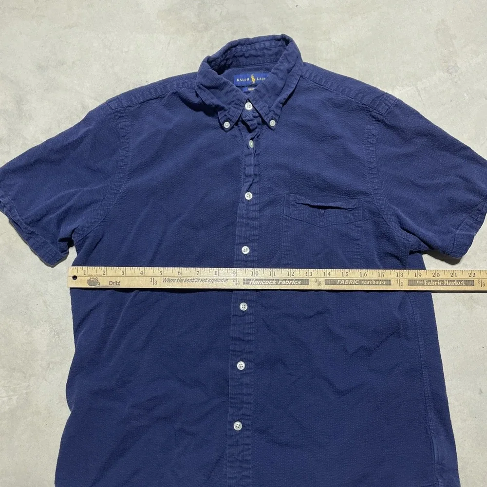 Ralph Lauren Seersucker Short Sleeve Shirt Men's SZ M Button Down Pony Navy Blue